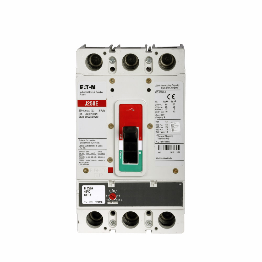 Product image for Cutler-Hammer JGE3250NNWC Series G molded case circuit breaker frame, JG Frame, 250A, Three-pole, 600V, 65 kAIC at 240V, 25 kAIC at 415V, 25 kAIC at 480V, 18 kAIC at 600V, Without terminals, Frame only