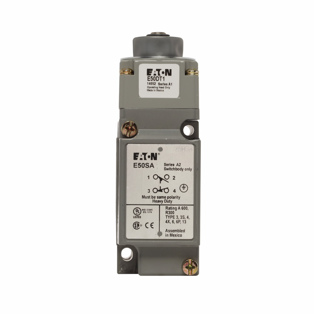 Product image for Eaton Electrical E50AT1 240 VAC 10 Amp 1-Pole 1NO 1NC Die-Cast Zinc Spring Return Heavy Duty Plug-In Switch