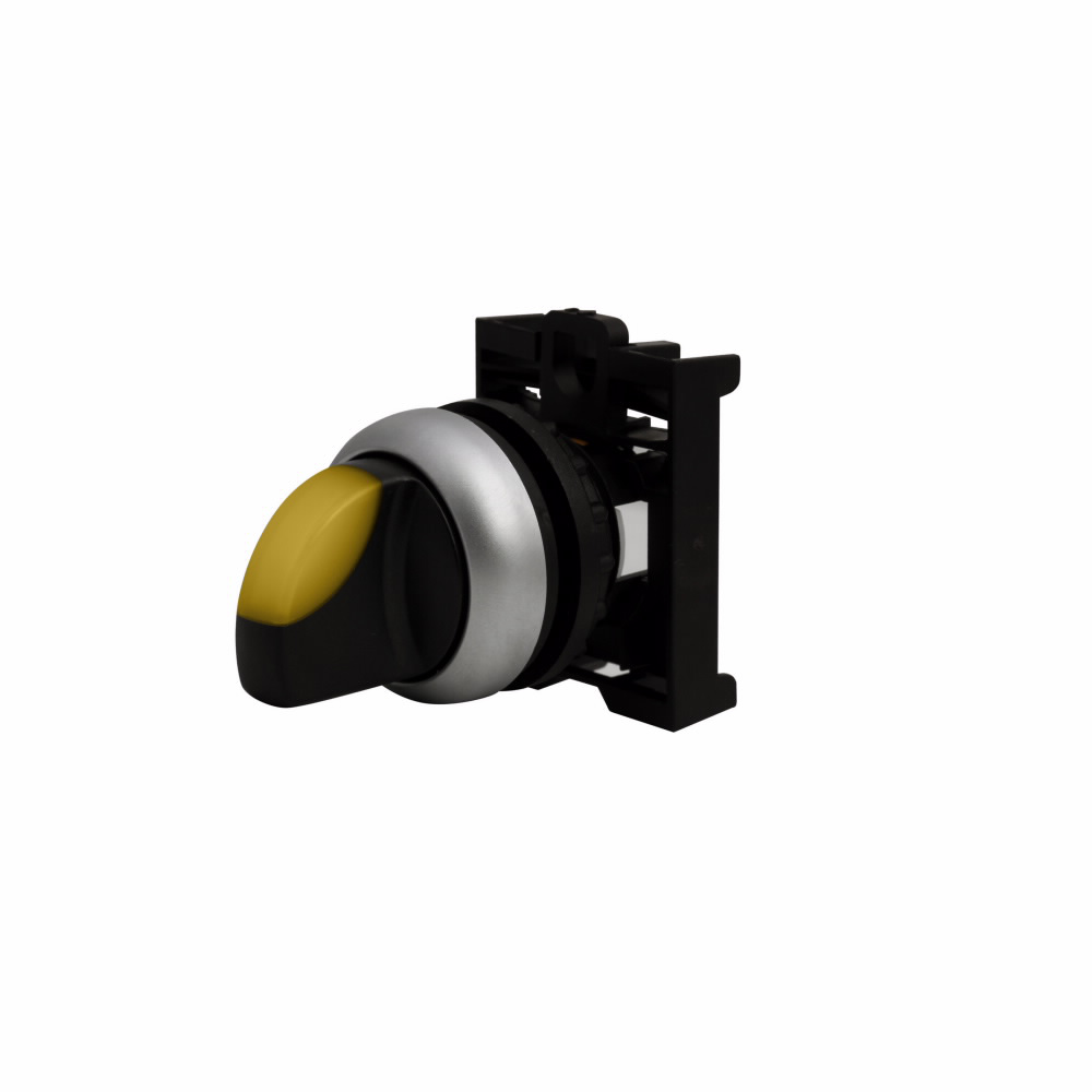 Product image for Cutler-Hammer M22-WLKV-Y M22 modular pushbutton, M22 Modular Selector Switch Operator, 22.5 mm, Knob, Momentary, Illuminated, Bezel: Silver, Button: Yellow, IP66, NEMA 4X, 13, Two-Position, V, Light 100