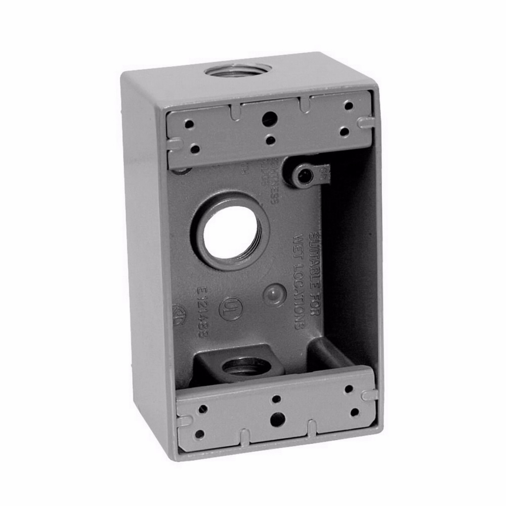 Product image for Crouse-Hinds TP7018 1-Gang Weatherproof Outlet Box w/ Lugs, 2" Deep, 18cu.in., (3) 3/4" Outlet Holes, Gray