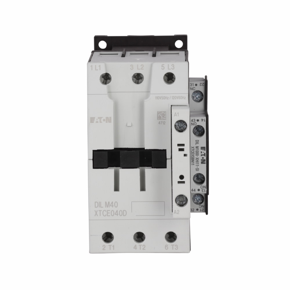 Product image for Cutler-Hammer XTCE040DS1A XT IEC contactor, 40A, Side-mounted, 110 Vac 50 Hz, 120 Vac 60 Hz, 1NO-1NC, 40A, Frame D, 55mm, 50-60 Hz, 3, 5, 7.5/ 10, 15, 30, 40 hp (1/3PH @115, 200, 230/200, 230, 460, 575