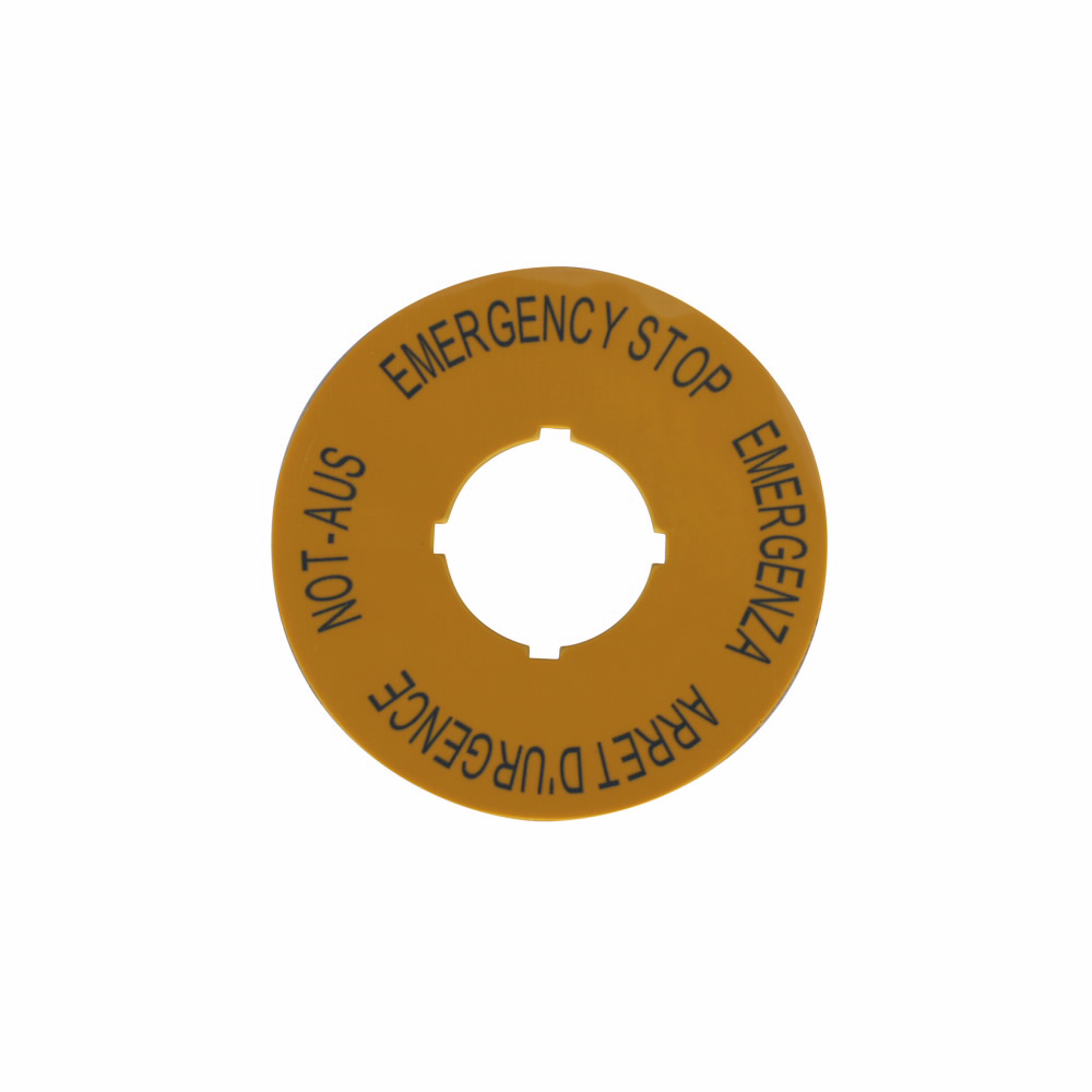 Product image for Cutler-Hammer M22-XBK1 M22 modular pushbutton legend plate, Complete, 22.5 mm, Button: Yellow, Inscription: EMERGENCY-STOP four-language, IP66, NEMA 4X, 13..