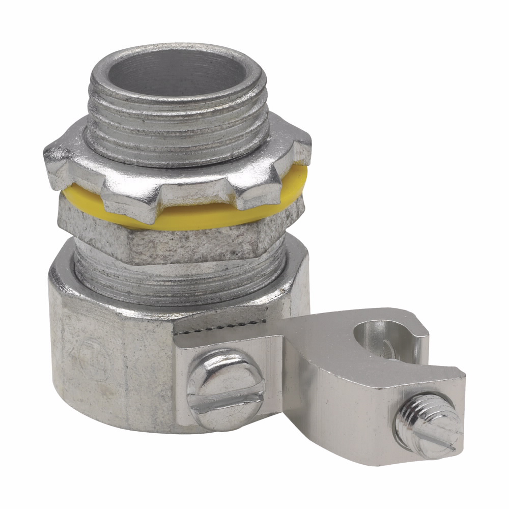 Mayer-DDS-Eaton Crouse-Hinds series Liquidator liquidtight connector, FMC, Straight, Aluminum ground lug, Non-insulated, #4-14 AWG lug size, Malleable iron, 1"-1