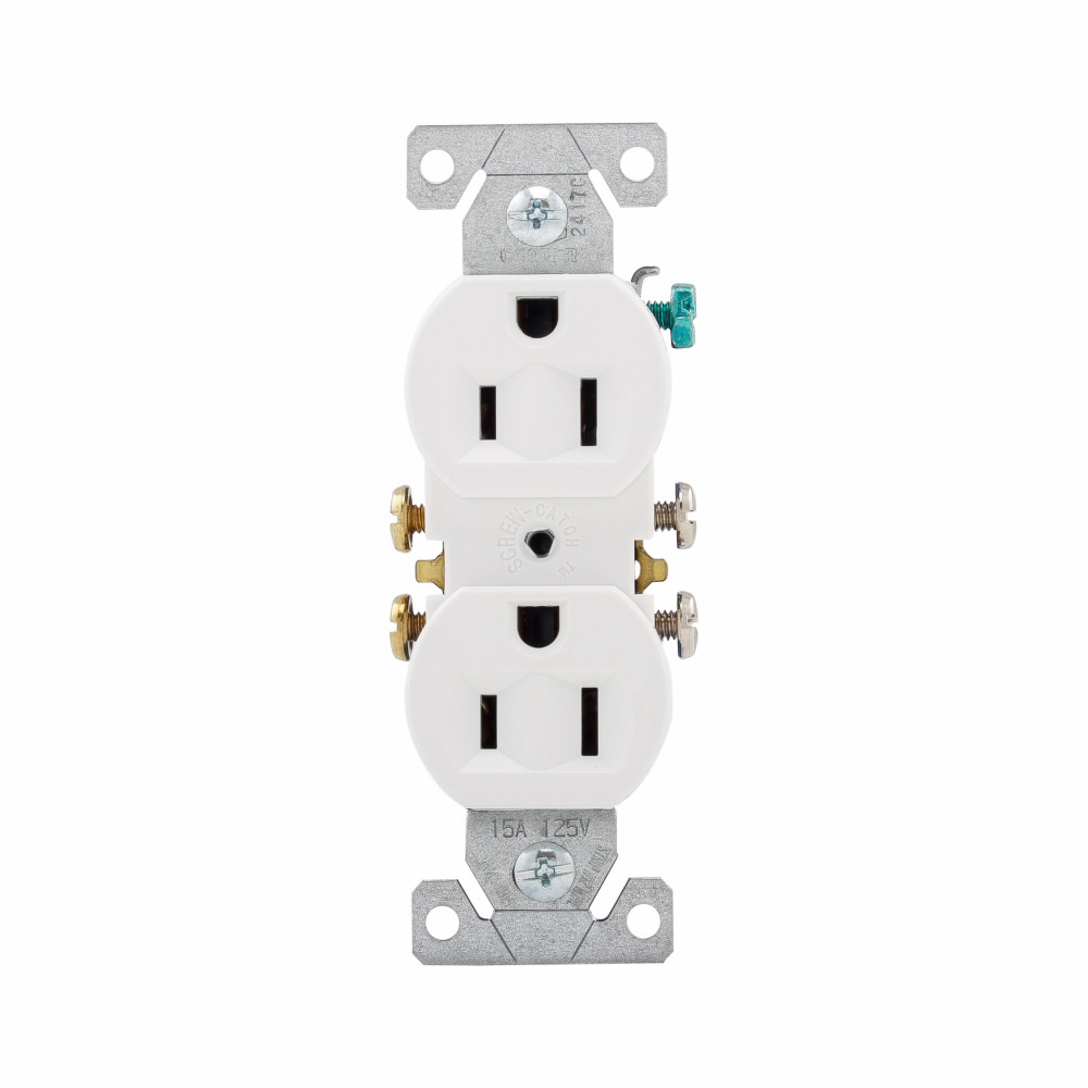 Mayer-DDS-Eaton residential grade duplex receptacle, #14-10 AWG, 15A, Commercial|Residential, Flush, 125V, Side and push, White, Brass, Impact-resistant thermoplastic, 5-15R, Duplex, Screw, Thermoplastic, Core pack-1
