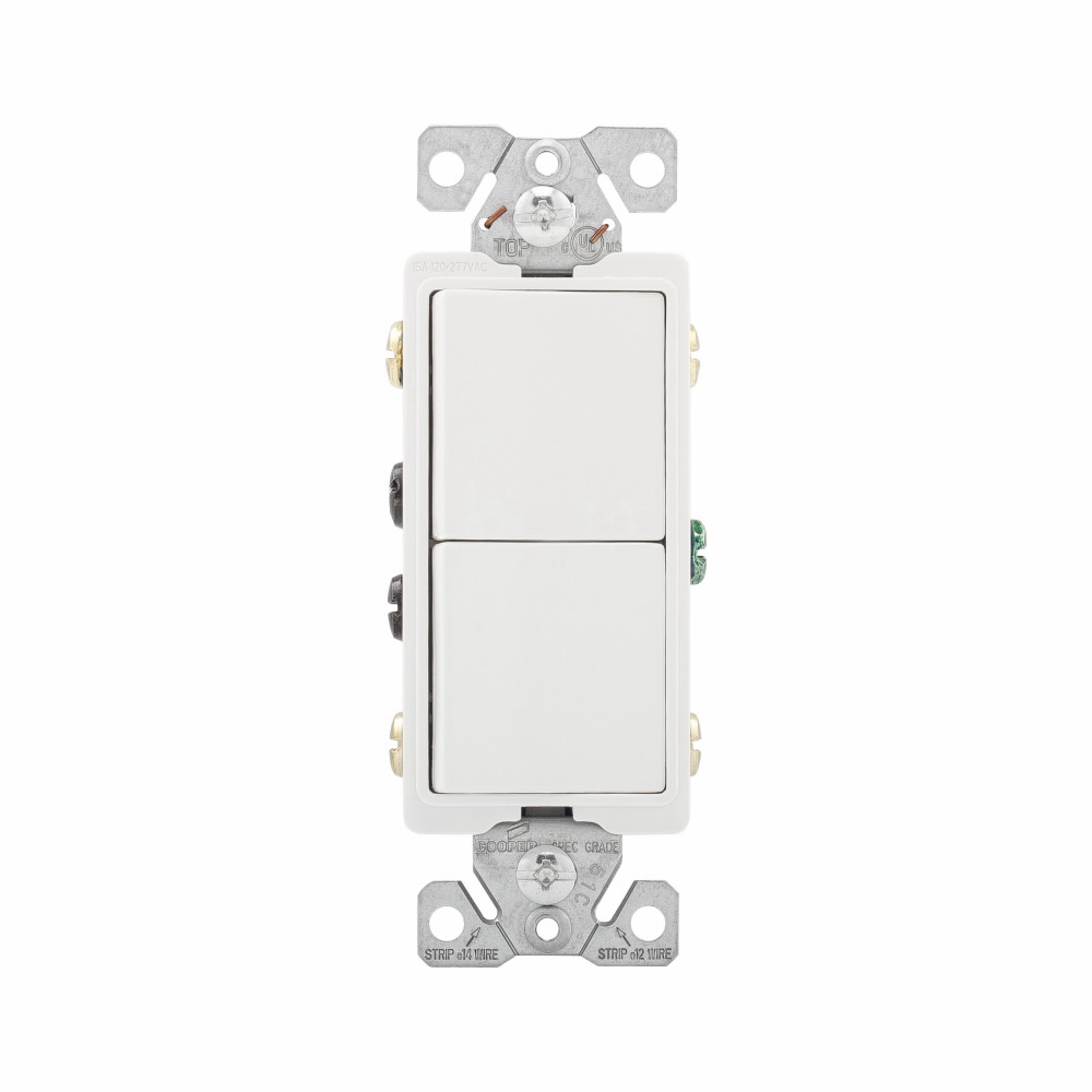 Mayer-DDS-Eaton commercial grade combination switch, auto-grnd, Decorator, #14 - #12 AWG, 15A, resi, comm, 120/277V, bk and sd wiring, Rocker, Maint closure, Screw, Brass, wht, -20-60?C, (2) 3-way, dplx, thermoplas, polycrb, PVC-1