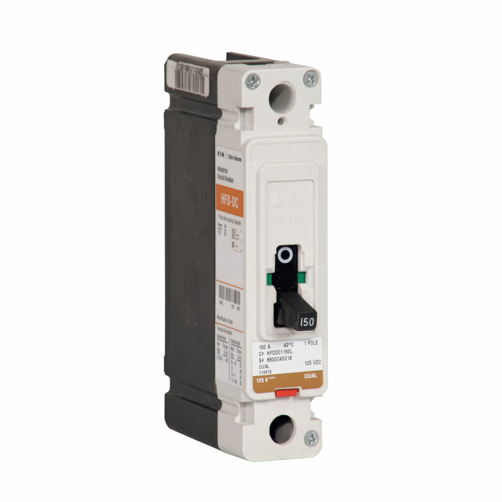 Product image for Cutler-Hammer HFDDC1100L Series C DC/PvGard complete molded case circuit breaker, F-frame, HFD, Complete breaker, Fixed thermal, fixed magnetic trip type, Single-pole, 100A, 600 Vac, 42 kAIC at 600 Vac,