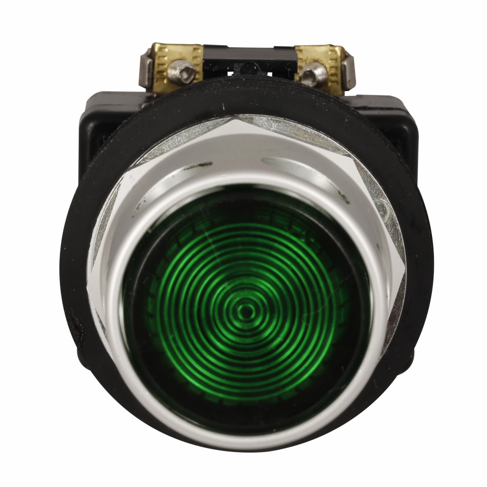 Product image for Cutler-Hammer HT8GDRABL1 30.5 mm Watertight/Oiltight Pushbutton, Extended, Red Actuator, Chrome bezel, 1NO-1NC, Illuminated, Red lens, LED, transformer, 120 Vac Light Unit, Momentary, Plastic, Guarded,