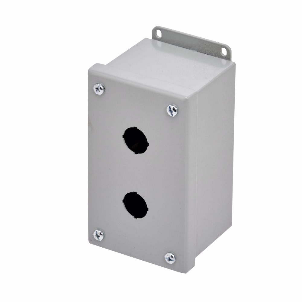 Product image for B-Line PB2M Push Button Enclosure, 5.75" x 3.25" x 3" NEMA 12, Screw cover, PBM enclosure, Surface mounted, Small single door, External mounting feet, Carbon steel, Oil-resistant ga
