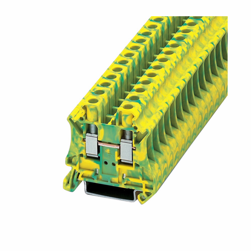 Product image for Cutler-Hammer XBUT6PE XB IEC terminal block, Screw connection single level ground block, Green/yellow, 8 AWG/6 mm2 maximum wire, IEC #15-3 AWG, UL #14-1/0 AWG wire