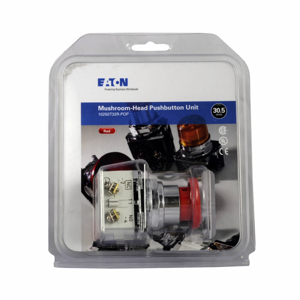 Product image for Eaton Electrical 10250T32R-POP 30.5 mm 600 VAC 1NO 1NC Momentary Red Die-Cast Zinc IP65 Mushroom Non-Illuminated Push Button
