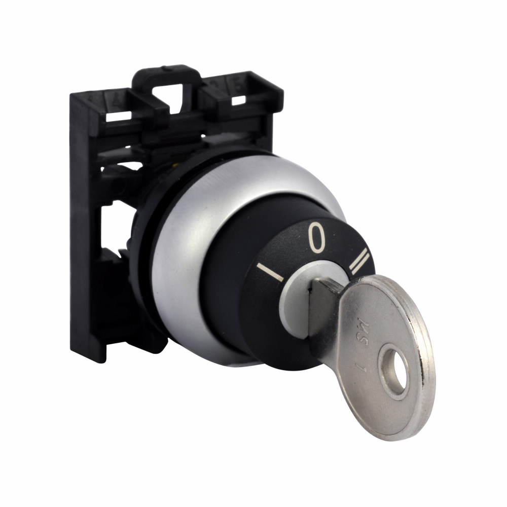 Product image for Cutler-Hammer M22-WRS3-A1 M22 Modular Three Position Key-Operated Selector Switch, 22.5 mm, Maintained, Key removable center, Non-illuminated, Bezel: Silver, Button: Black, MS1, IP66, NEMA 4X, 13, Three