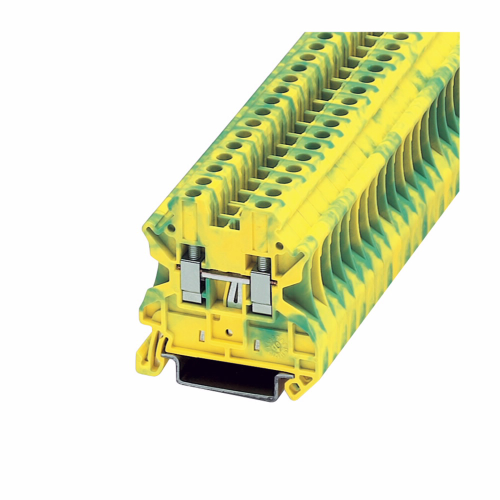 Product image for Cutler-Hammer XBUT4PE XB IEC terminal block, Screw connection single level ground block, Green/yellow, 10 AWG/4 mm2 maximum wire, IEC #26-12 AWG, EN #26-12 AWG, UL #26-12 AWG wire