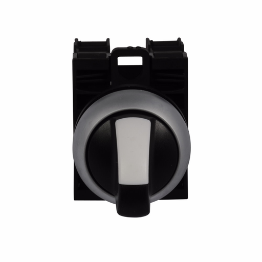 Product image for Cutler-Hammer M22-WRK-K10 M22 modular pushbutton, Completed Device, 22.5 mm, Knob, Two-Position, Maintained, Non-illuminated, Bezel: Silver, Button: Black, 1NO, IP67, IP69K, NEMA 4X, 13