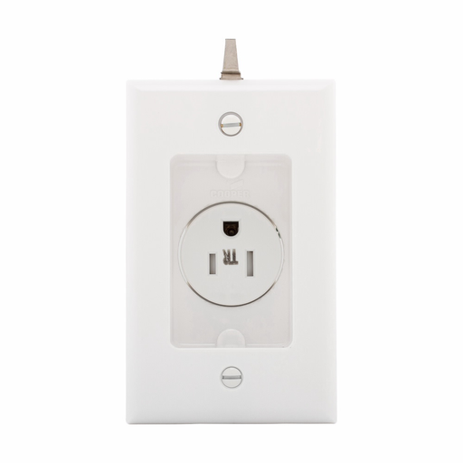 Mayer-DDS-Eaton commercial specification grade single receptacle, #14-10 AWG, 15A, Commercial, Recessed, 125V, Side wire, White, Brass, Impact-resistant thermoplastic face and back body, 5-15R, Single, Screw, Thermoplastic, Retail Box-1