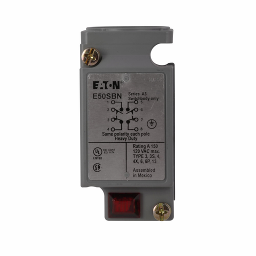 Product image for Eaton Electrical E50SBN 2-Pole 2NO/2NC Heavy-Duty Plug-In Limit Switch Body with 120 VAC Neon Indicating Light