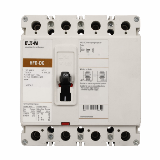 Product image for Cutler-Hammer HFDDC4125L Series C DC/PvGard complete molded case circuit breaker, F-frame, HFD, Complete breaker, Fixed thermal, fixed magnetic trip type, Four-pole, 125A, 600 Vac, 250 Vdc, 42 kAIC at 1