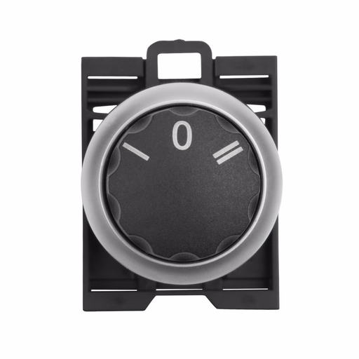 Product image for Cutler-Hammer M22-WR3 M22 pushbutton operator, 22.5 mm, Rotary, Maintained, Non-illuminated, Bezel: Silver, Button: Black, Inscription: I, O, II/ X1, X0, X2, IP66, NEMA 4X, 13, Three-position, 100,000 O