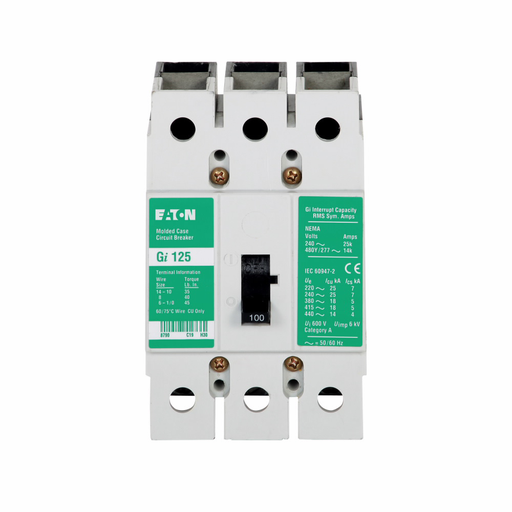 Product image for Cutler-Hammer GI3030 Series C complete molded case circuit breaker, G-frame, GI, Complete breaker, Thermal-magnetic trip type, Three-pole, 30A, 480 Vac, 14 kAIC at 480 Vac, Line and load, International,