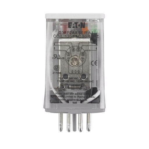 Product image for Eaton Electrical D3PF2AA 120 VAC 1700 Ohm DPDT Silver Alloy AC Operated General Purpose Plug-In Relay