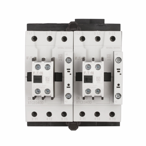 Product image for Cutler-Hammer XTCR040D11TD XT IEC contactor, 40A, Top-mounted, 24-27 Vdc, 1NO-1NC, 40A, Frame D, 55 mm, 3, 7.5/ 10, 15, 30, 40 hp (1/3PH @115, 230/200, 230, 460, 575 V), Three-pole, Reversing, XT IEC se