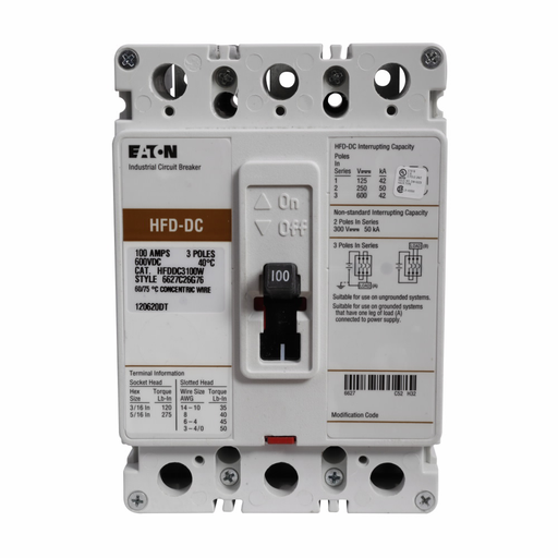 Product image for Cutler-Hammer HFDDC3100L Series C DC/PvGard complete molded case circuit breaker, F-frame, HFD, Complete breaker, Fixed thermal, fixed magnetic trip type, Three-pole, 100A, 600 Vac, 250 Vdc, 42 kAIC at