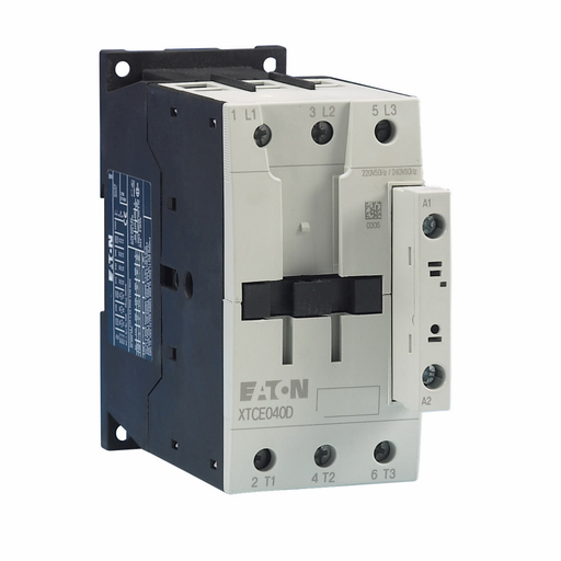 Product image for Cutler-Hammer XTCE040D00AD XT IEC contactor, 40A, 120 Vdc, 0NO-0NC, 40A, Frame D, 55 mm, 3, 5, 7.5/ 10, 15, 30, 40 hp (1/3PH @115, 200, 230/200, 230, 460, 575 V), Three-pole, Non-reversing, , Screw term
