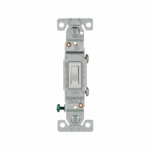 Mayer-DDS-Eaton toggle switch, #14-10 AWG, 15A, Flush, 120V, Side wire, Screw, White, Load type: Motor Control, Fan, LED, Incandescent, ELV, MLV, CFL, Flourescent, Halogen, Single-Pole, Single-Pole, Brass, Polycarbonate-1