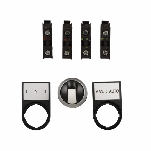 Product image for Cutler-Hammer M22-WK3-K22-P M22 modular pushbutton, M22 Modular Selector Switch Operator Point-of-Purchase Unit, 22.5 mm, Knob, Momentary, Non-illuminated, Bezel: Silver, Button: Black, 1NO/NC, IP66, NE