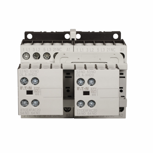 Product image for Cutler-Hammer XTCR009B21TD XT IEC contactor, 9A, 24 Vdc, 2NO-2NO, 9A, Frame B, 45 mm, 0.5, 1.5/ 3, 3, 5, 7.5 hp (1/3PH @115, 230/200, 230, 460, 575 V), Three-pole, Reversing, XT IEC series, Screw termin