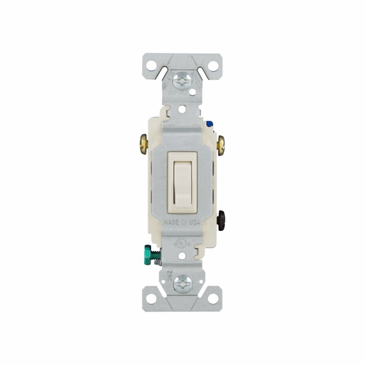 Mayer-DDS-Eaton toggle switch, #14-10 AWG, 15A, Residential, Flush, 120V, Back and side wire, push wire, Screw, Light almond, Load type: Motor Control, Fan, LED, Incandescent, ELV, MLV, CFL, Flourescent, Halogen, Single-Pole, Three-Way, Three-Way-1