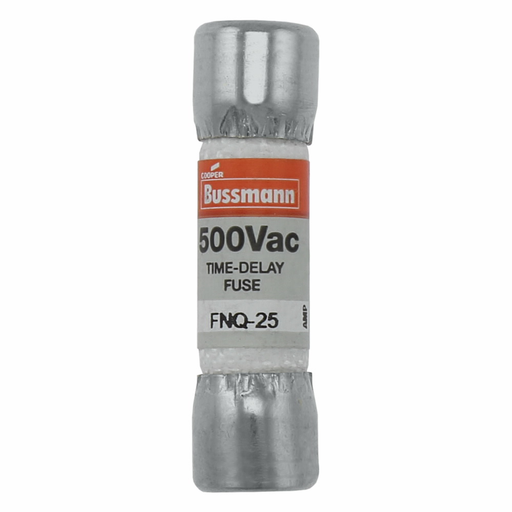 Eaton Bussmann series FNQ fuse, Time-delay Midget fuse, Motor control transformers, circuits with in-rush currents, 25 A, Non-indicating, Ferrule end x ferrule end, 10 kAIC at 500 Vac, Nickel-plated bronze endcap, Standard, 500 V