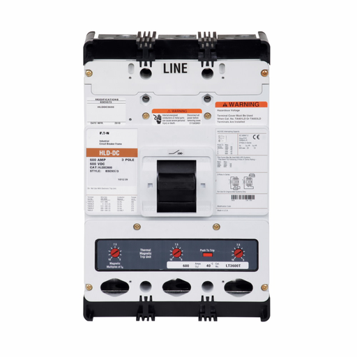 Product image for Cutler-Hammer HLDDC3600F Series C DC/PvGard molded case circuit breaker frame, L-frame, HLD, Frame only, Fixed thermal, fixed magnetic trip type, Three-pole, 600A, 600 Vac, 600 Vdc, 35 kAIC at 600 Vac,