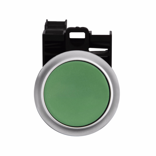 Product image for Cutler-Hammer M22-D-G-K11-P 22.5 mm RMQ-Titan Pushbutton,Etching: NO, early make,Green Actuator,Silver bezel,1NO - 1NC,IP67, IP69K,Non-Illuminated,Flush mounting,NEMA 4X, 13,5,000,000 operations,Momenta