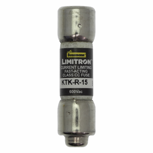 Eaton Bussmann series KTK-R fuse, LIMITRON Fast-acting fuse, Rejection style, Specialized circuits and industrial control, 15 A, Class CC, Non-indicating, Ferrule end x ferrule end, 200 kAIC, Melamine tube, Standard, 600 V