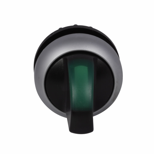 Product image for Cutler-Hammer M22-WRLK3-G M22 modular pushbutton, M22 Modular Selector Switch Operator, 22.5 mm, Knob, Maintained, Illuminated, Bezel: Silver, Button: Green, IP66, NEMA 4X, 13, Three-position, Light 100