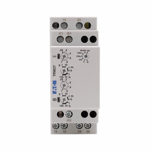 Product image for Cutler-Hammer TRW27 7-function universal TR series timing relay, style terminals, 12-240 Vac/dc input voltage, Compact DIN rail mount, DPDT contact configuration, IP40 enclosure