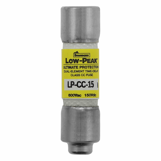 Eaton Bussmann series LP-CC fuse, Current-limiting time-delay fuse, Rejection style, 15 A, Dual, CC, Non-indicating, Ferrule end x ferrule end, 12 sec at 200%, 20 kAIC at 150 Vdc,200 kAIC at 600 V, Melamine tube, 10, 600 V, 150 Vdc