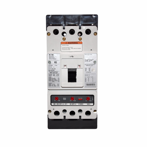 Product image for Cutler-Hammer KG3400S41 Series C complete molded case circuit breaker, K-frame, KG, Thermal-magnetic trip, 1000-2000A trip rating, Three-pole, 400A, 600 Vac, 12-24 Vac/dc same side w/ left pigtail