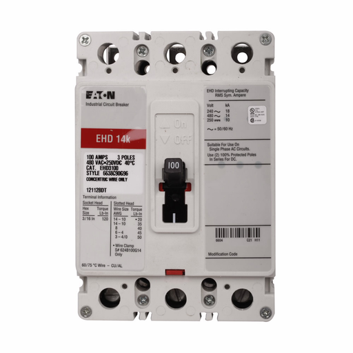 Product image for Eaton Electrical EHD3015L 15 Amp 3-Pole Type EHD Breaker with Line and Load Terminals