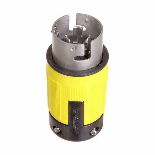 Mayer-DDS-Eaton corrosion resistant locking plug, #12-6 AWG, 50A, Marine, 125/250V, Back wiring, Yellow, black, Non-NEMA, Three-pole, Four-wire, Steel, 0.44 to 1.06 in-1