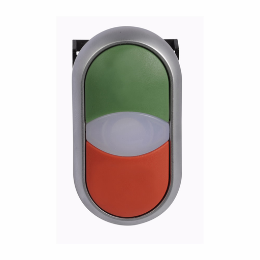 Product image for Cutler-Hammer M22-DDL-GR M22 modular pushbutton, 22.5 mm, Extended- dual button actuator, Momentary, Illuminated, Bezel: Silver, Button: Top Green, Bottom Red, IP66, NEMA 4X, 13, Light 100,000 hours, Bu