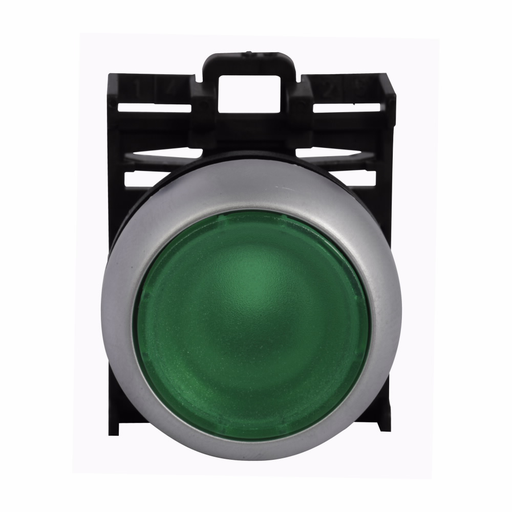 Product image for Cutler-Hammer M22-DL-G M22 modular pushbutton, 22.5 mm, Flush, Momentary, Illuminated, Bezel: Silver, Button: Green, IP67, IP69K, NEMA 4x, 13, 5,000,000 Million mechanical operations