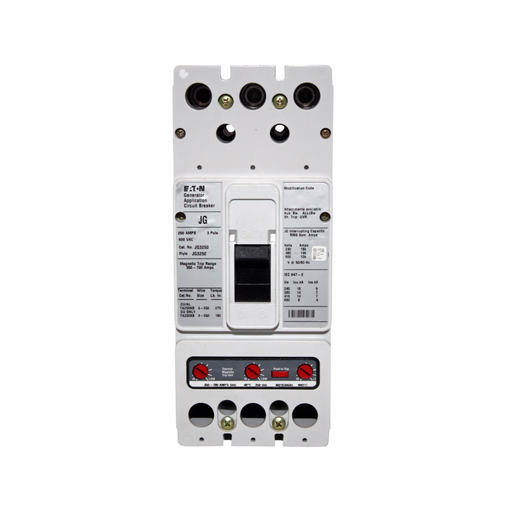 Product image for Cutler-Hammer JG3175S46 Series C complete molded case circuit breaker, J-frame, Thermal-magnetic trip, Three-pole, 175A, 600 Vac, 14 kAIC at 480 Vac, Line/load, Engine generator, 12-24 Vac/dc rear w/ ri