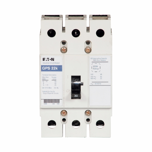 Product image for Cutler-Hammer GPS3015 Definite purpose complete molded case circuit breaker, GPS, Complete breaker, Thermal-magnetic trip type, Three-pole, 15A, 480 Vac, 65 kAIC at 480 Vac, Line and load, Definite purp