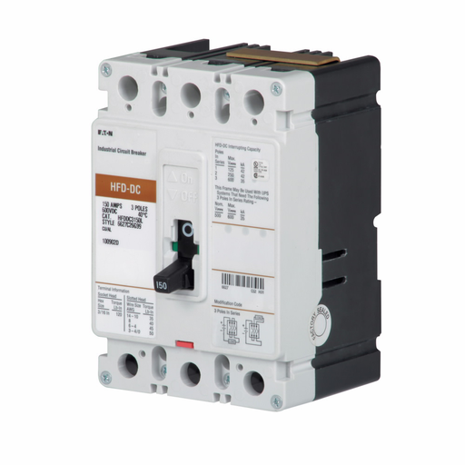 Product image for Cutler-Hammer HFDDC3150L Series C DC/PvGard complete molded case circuit breaker, F-frame, HFD, Complete breaker, Three-pole, 150A, 600 Vac, 250 Vdc, 42 kAIC at 600 Vac, Line and load, Vdc