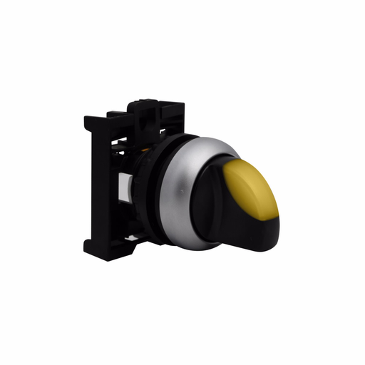 Product image for Cutler-Hammer M22-WLK3-Y M22 modular pushbutton, M22 Modular Selector Switch Operator, 22.5 mm, Knob, Momentary, Illuminated, Bezel: Silver, Button: Yellow, IP66, NEMA 4X, 13, Three-position, Light 100,
