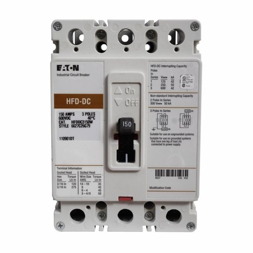 Product image for Cutler-Hammer HFDDC3150W Series C DC/PvGard complete molded case circuit breaker, F-frame, HFD, Complete breaker, Three-pole, 150A, 600 Vac, 250 Vdc, 42 kAIC at 600 Vac, Without terminals, Vdc