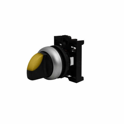 Product image for Cutler-Hammer M22-WLKV-Y M22 modular pushbutton, M22 Modular Selector Switch Operator, 22.5 mm, Knob, Momentary, Illuminated, Bezel: Silver, Button: Yellow, IP66, NEMA 4X, 13, Two-Position, V, Light 100