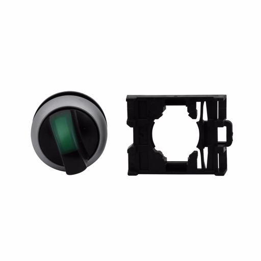 Product image for Cutler-Hammer M22-WLK3-G M22 modular pushbutton, 22.5 mm, Knob, Momentary, Illuminated, Bezel: Silver, Button: Green, IP66, NEMA 4X, 13, Three-position