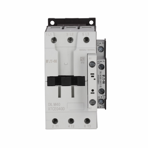 Product image for Cutler-Hammer XTCE040DS1A XT IEC contactor, 40A, Side-mounted, 110 Vac 50 Hz, 120 Vac 60 Hz, 1NO-1NC, 40A, Frame D, 55mm, 50-60 Hz, 3, 5, 7.5/ 10, 15, 30, 40 hp (1/3PH @115, 200, 230/200, 230, 460, 575